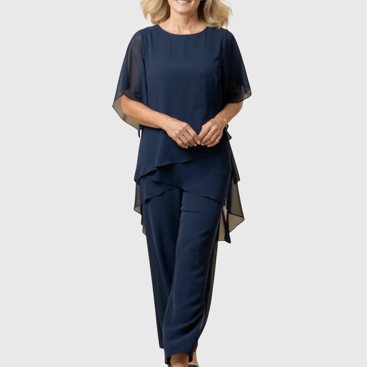 Conjunto Palazzo drapeado para mujer, pantalón ancho y top. Estilo casual y chic.