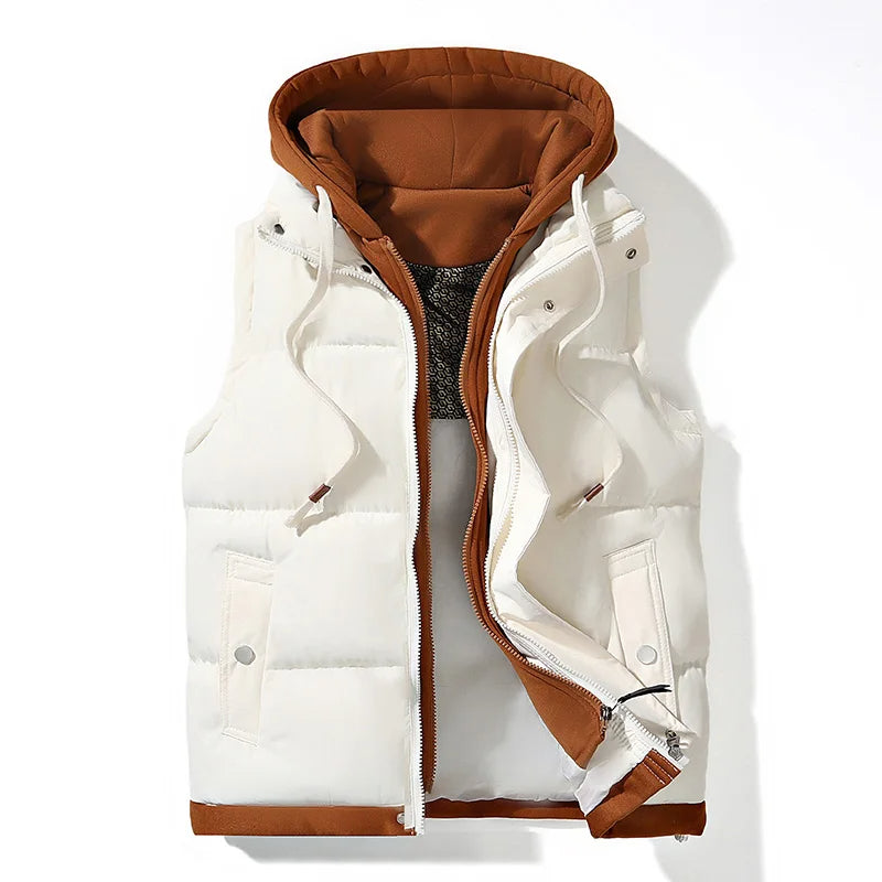 Chaqueta sin mangas puffer para hombre con capucha. Abrigo cálido y ligero de moda masculina.