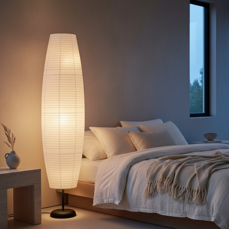 Lámpara de pie minimalista blanca, diseño moderno estilo nórdico para iluminación suave del hogar.