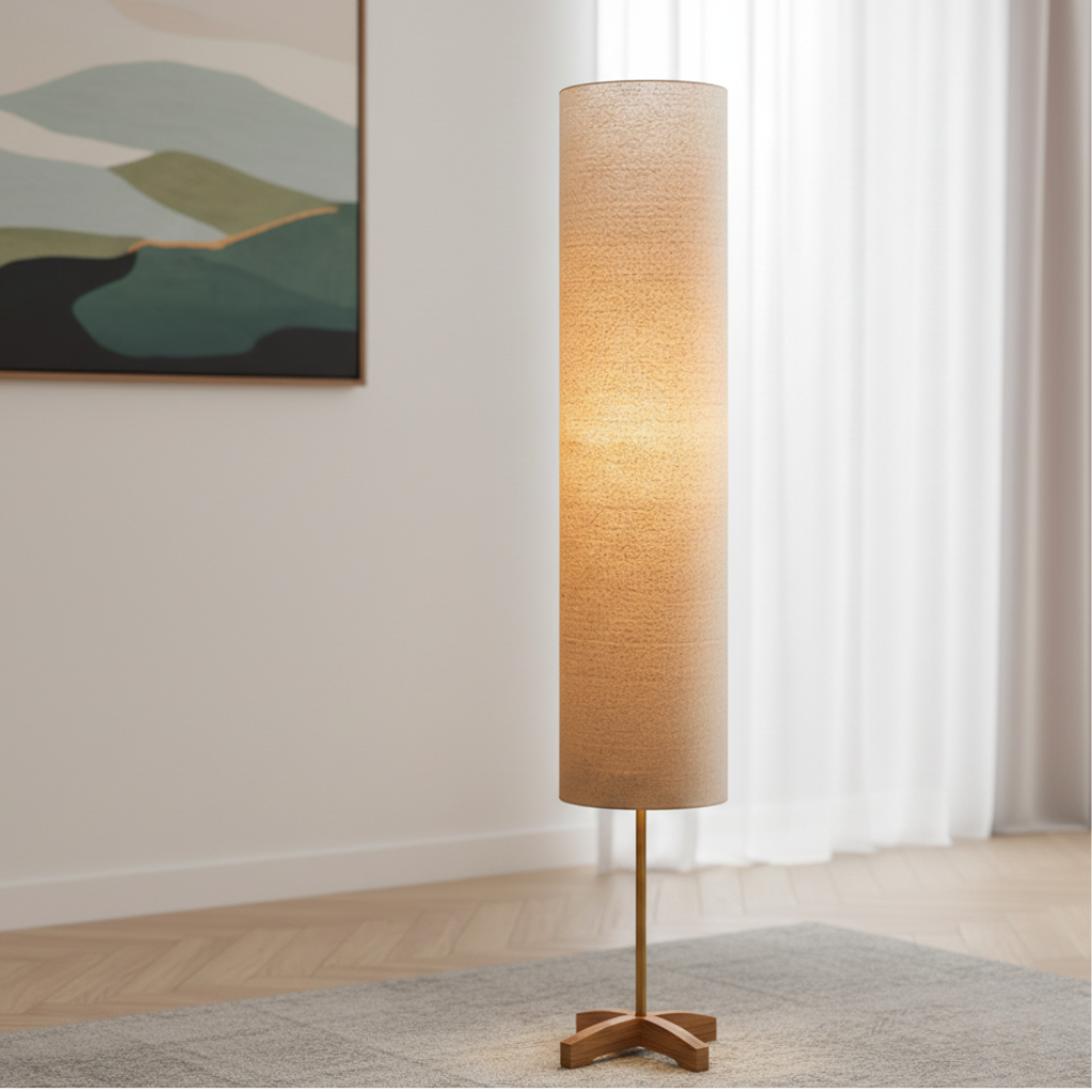 Lámpara de pie Nomi en sala de estar. Diseño escandinavo-japonés para decoración interior y luz cálida.