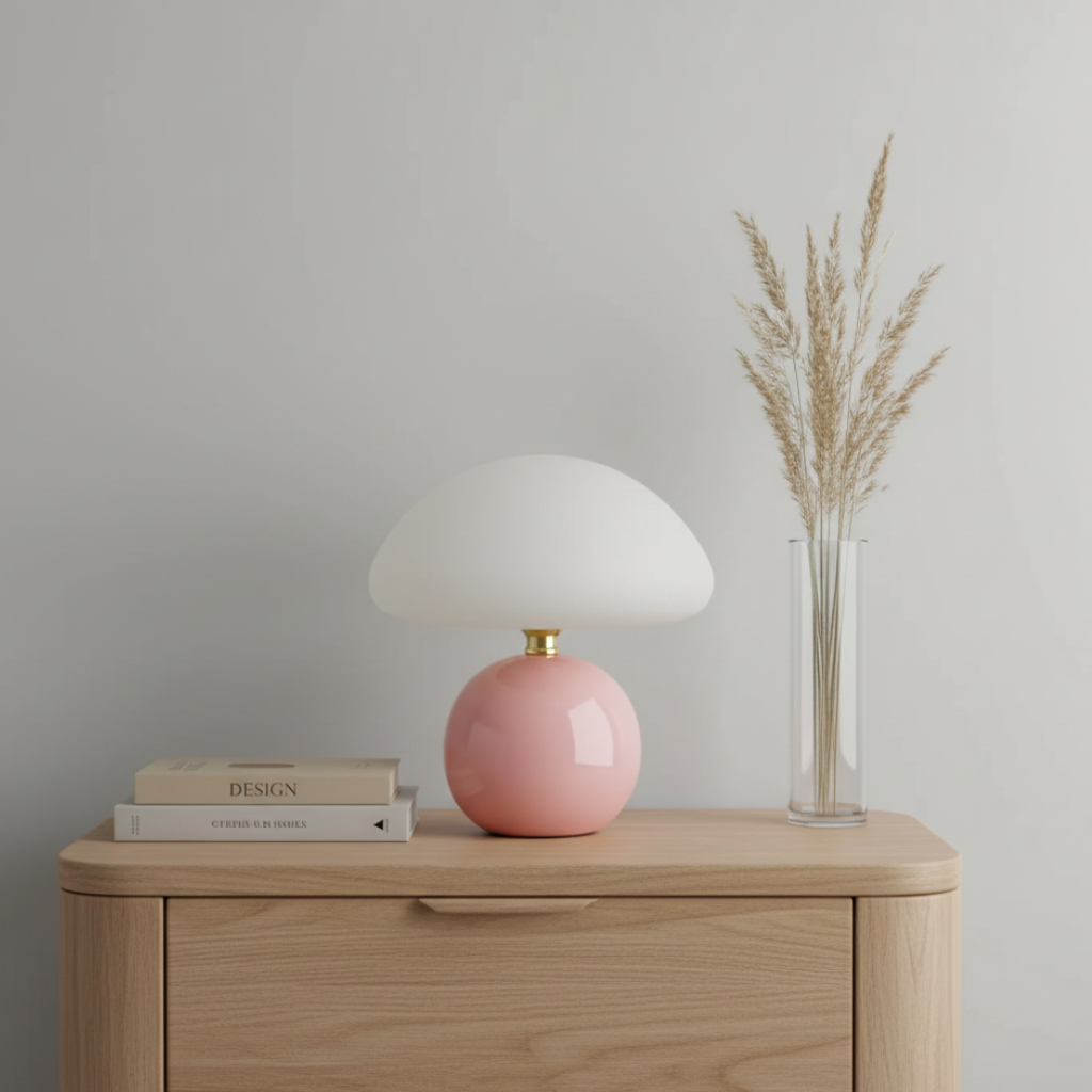 Lámpara de mesa hongo LED con luz ambiente cálida, diseño moderno para dormitorio o sala de estar.