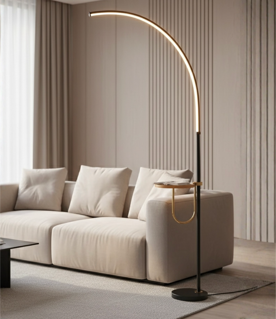 Lámpara de pie LED Arc Valeris moderna y minimalista, ideal para sala de estar.