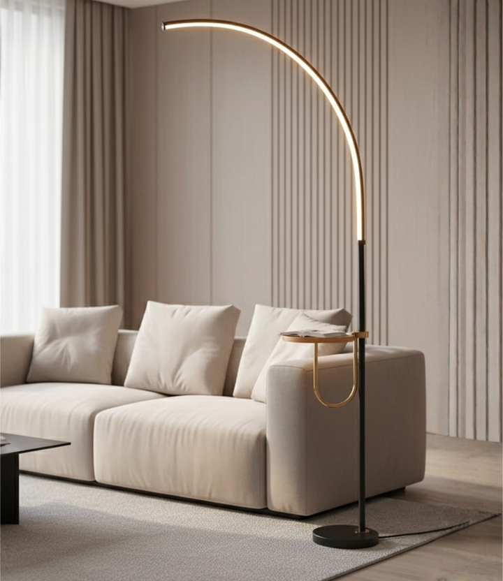 Lámpara de pie LED Arc Valeris moderna y minimalista, ideal para sala de estar.