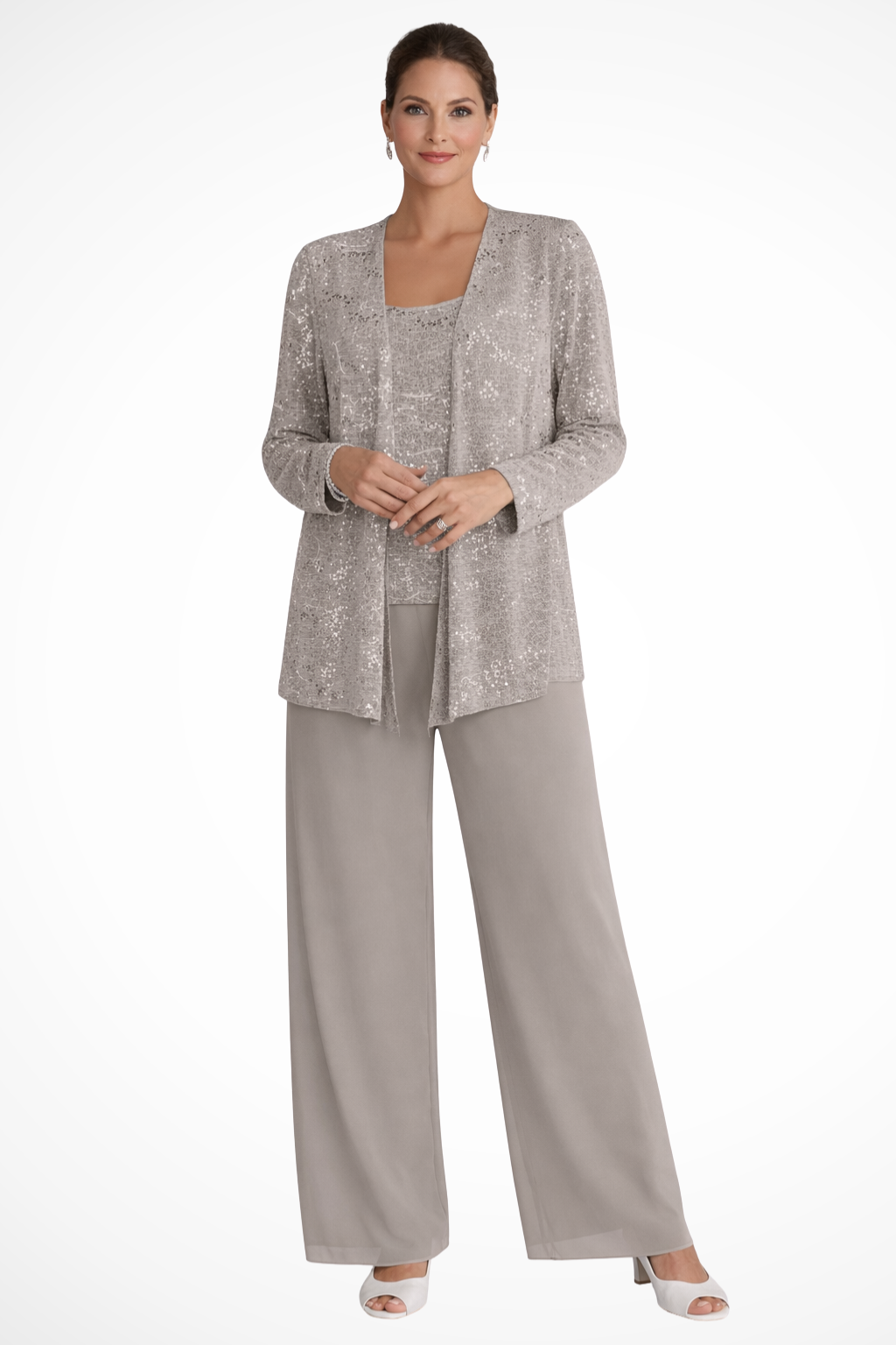 Conjunto de pantalón para fiesta, chaqueta de encaje con lentejuelas y pantalón ancho elegante.