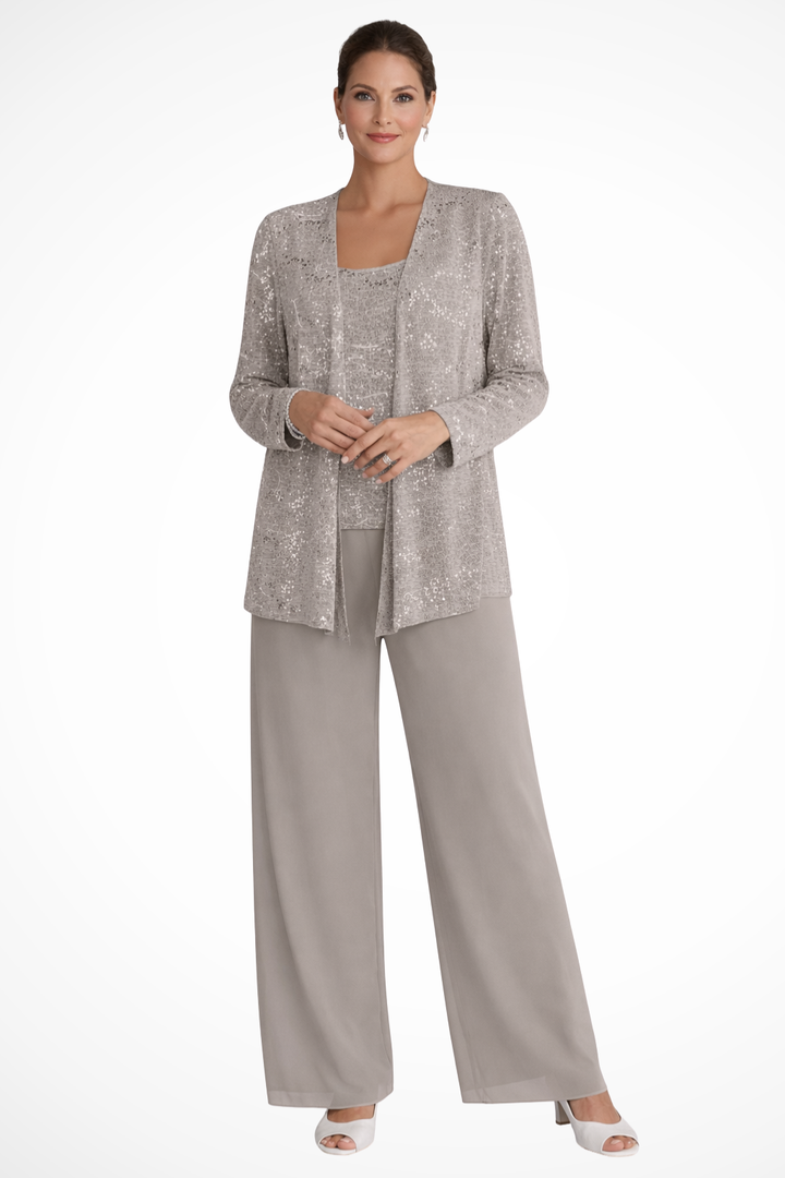 Conjunto de pantalón para fiesta, chaqueta de encaje con lentejuelas y pantalón ancho elegante.