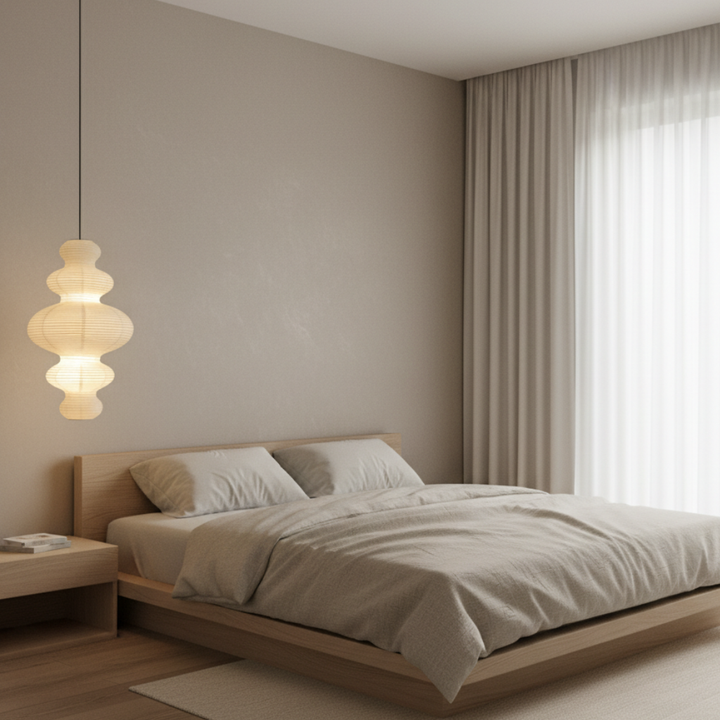 Lámpara de techo artesanal estilo Japandi, luz difusa para crear un ambiente tranquilo en casa.