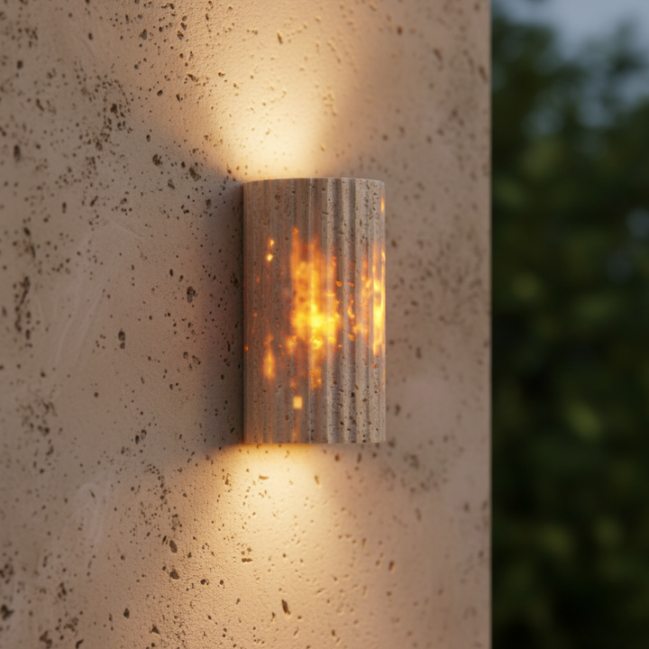 Lámpara de pared exterior LED de travertino para jardín, luz cálida y eficiencia energética.