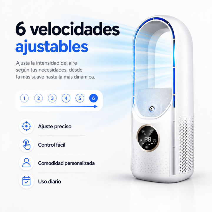Dispositivo de climatización portátil USB de 6 velocidades para disfrutar de aire fresco en casa y oficina.