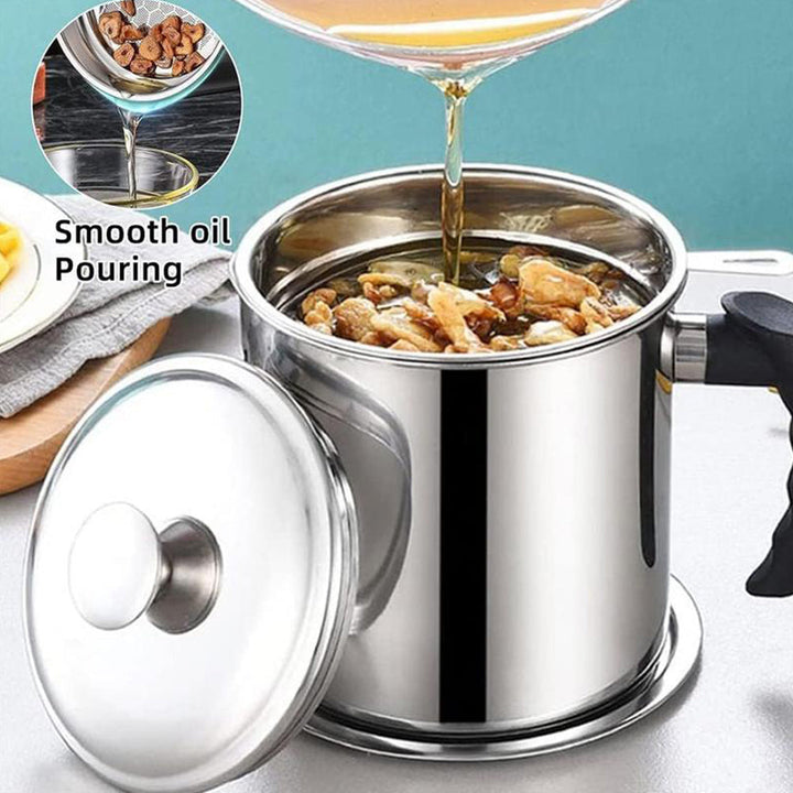 Olla de acero inoxidable con filtro de malla fina para aceite de cocina, ideal para freír y almacenar.