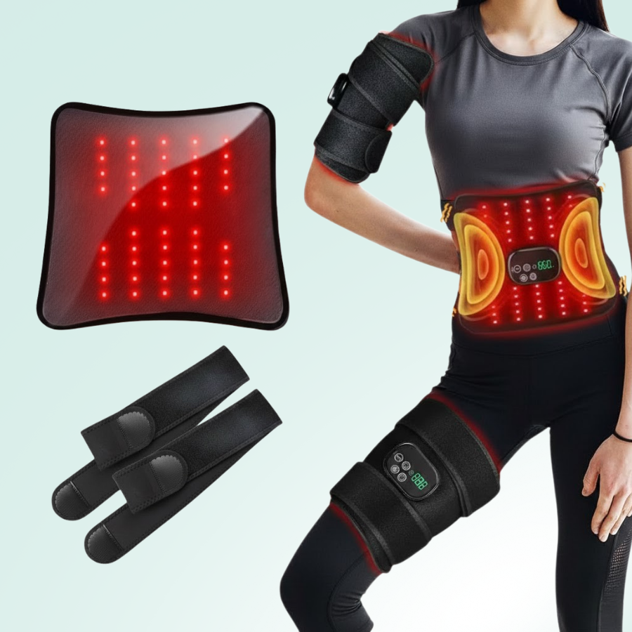 Dispositivo portátil de terapia de luz roja e infrarroja para alivio muscular profundo y recuperación.