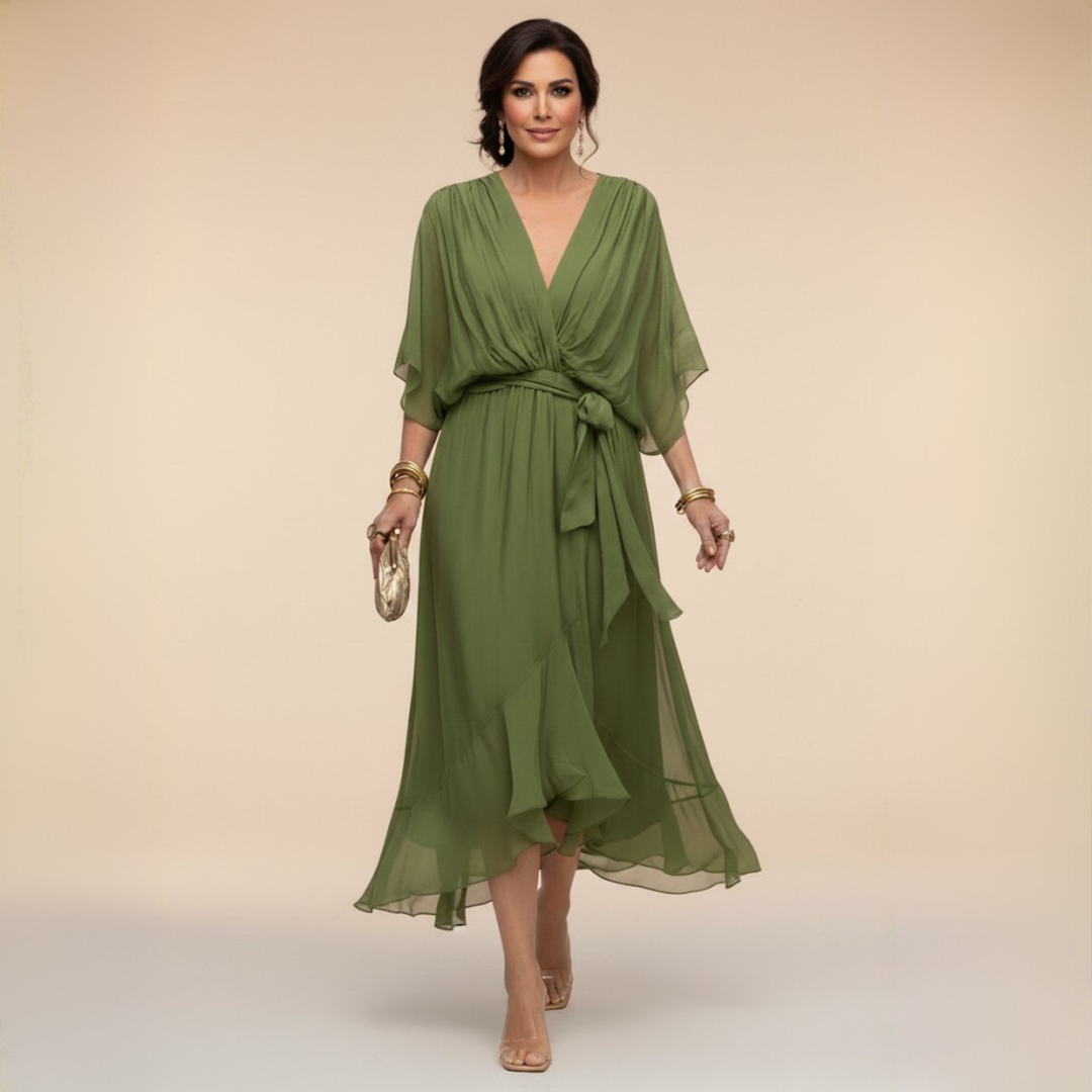 Vestido midi elegante fluido para mujer con escote V y cintura ajustable, ideal para looks casuales y formales.