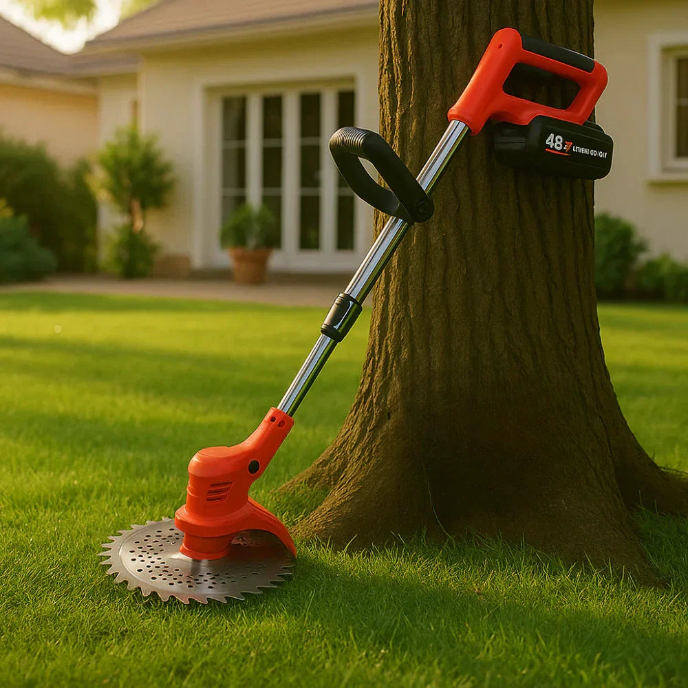 Desbrozadora inalámbrica potente para jardín. Herramienta esencial de jardinería para limpieza y mantenimiento de césped.