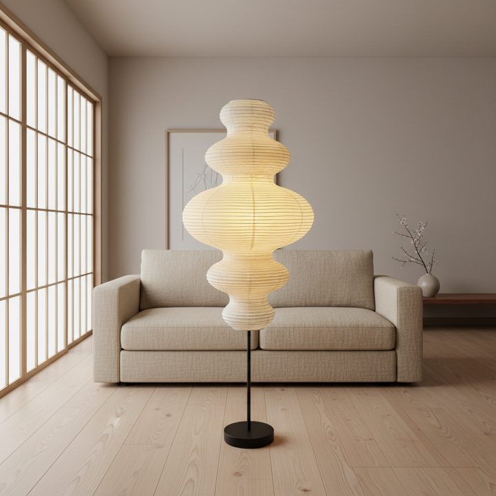 Lámpara de pie Akari Jun, diseño escultural minimalista. Iluminación ambiental moderna para salón.