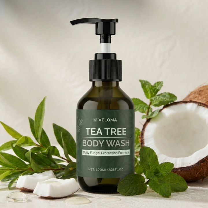 Gel de ducha botánico con árbol de té y menta. Antifúngico para aliviar picazón e irritación en piel sensible.