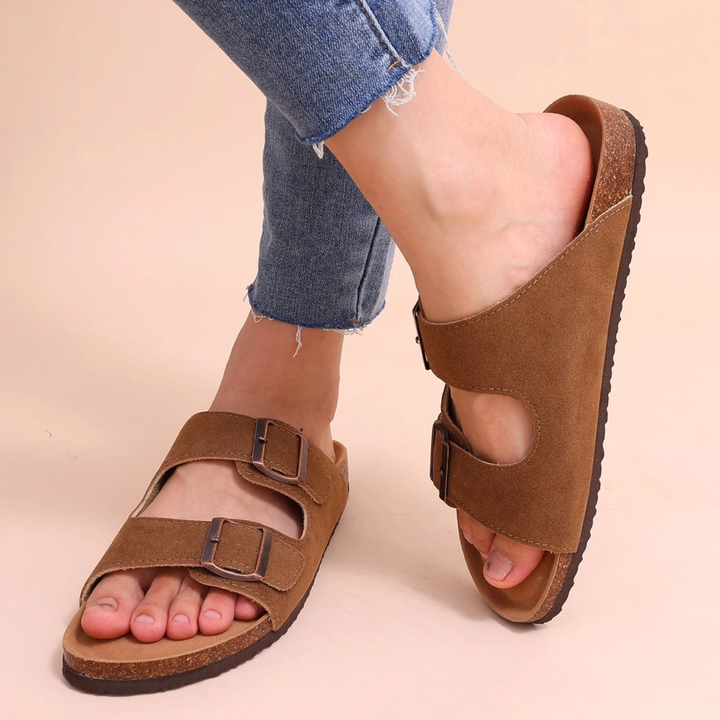 Sandalias de verano para mujer con doble hebilla, punta abierta y diseño casual. Ideales para la comodidad diaria.