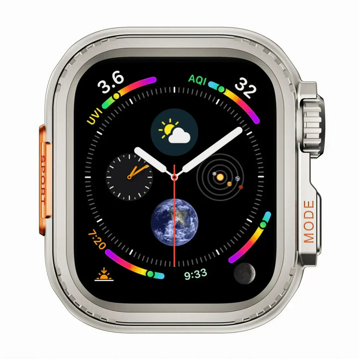 Funda de aluminio para reloj inteligente. Diseño robusto y protección eficaz.
