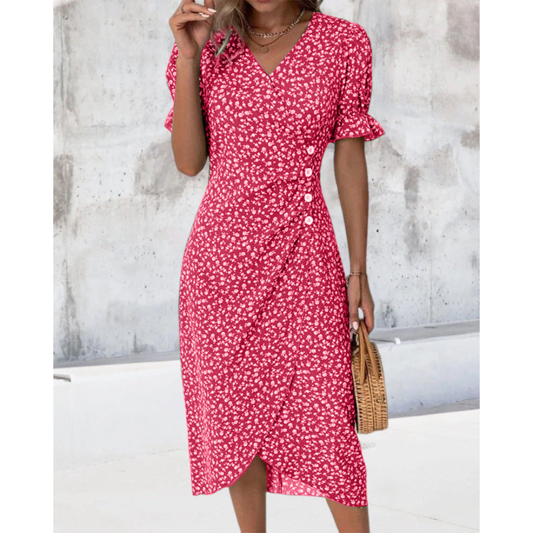 Vestido midi elegante para mujer, corte cruzado, escote V. Realza la figura con lazo en cintura.