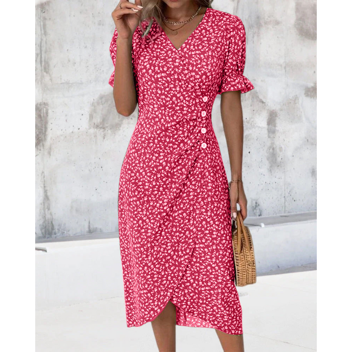 Vestido midi elegante para mujer, corte cruzado, escote V. Realza la figura con lazo en cintura.