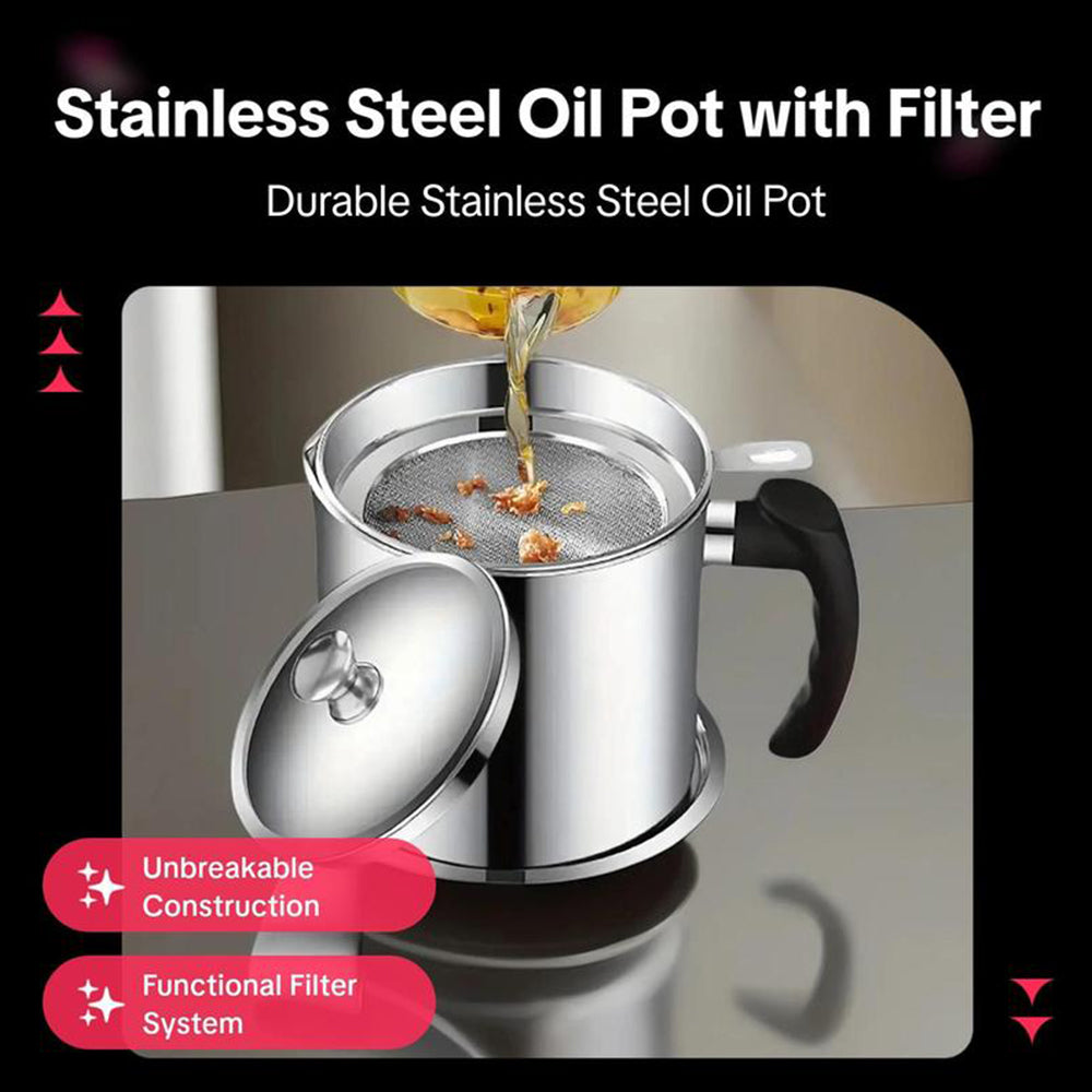 Olla de acero inoxidable, ideal para filtrar y almacenar aceite de cocina, promoviendo la reutilización y limpieza fácil.