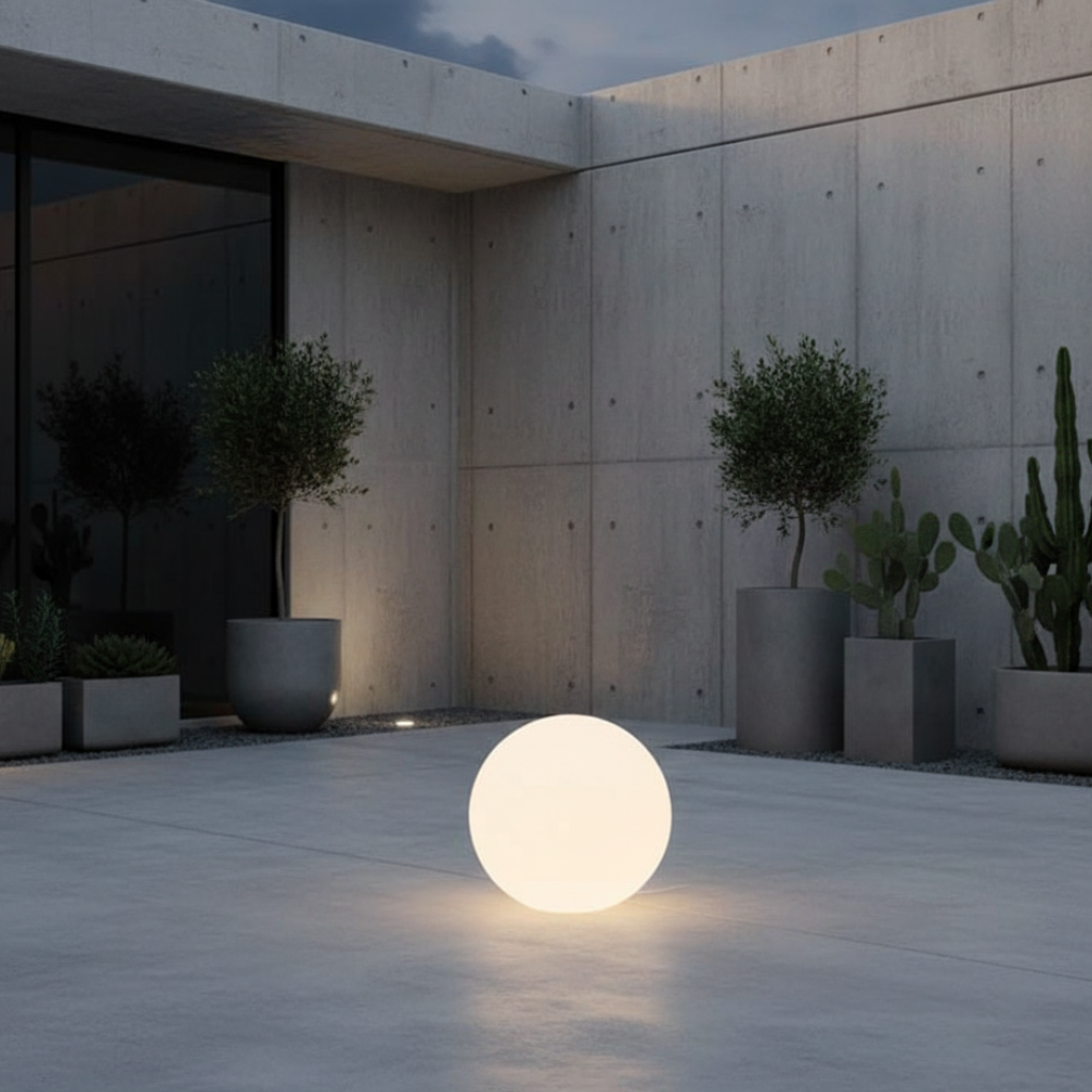 Lámpara de pie SphereGlow RGB con 16 colores, ideal para interior o exterior.