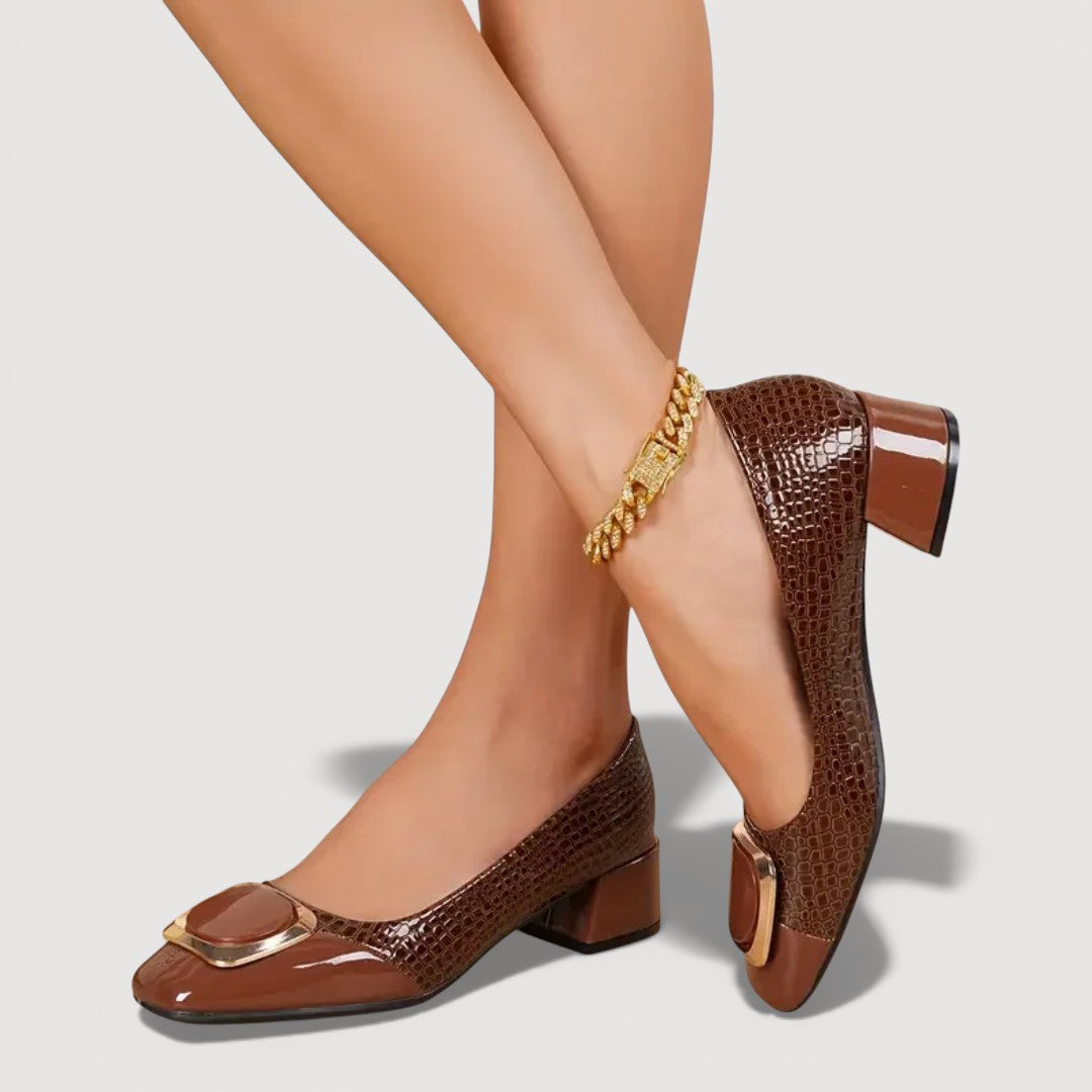 Tacones bloque mujer efecto cocodrilo, elegantes y cómodos para oficina o evento.