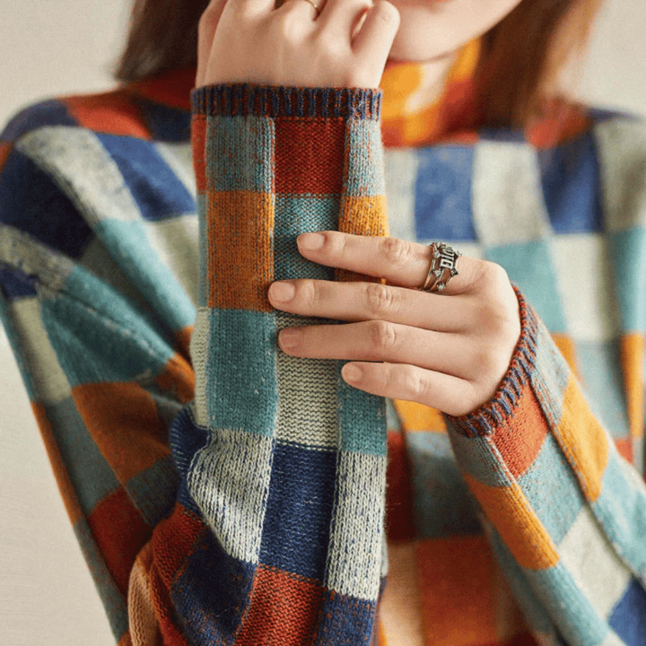 Suéter de mujer con cuello alto y estilo patchwork, cómodo y de tendencia para otoño/invierno.