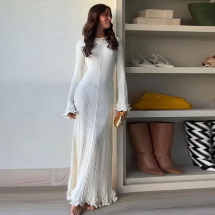 Vestido largo de punto para mujer con volantes. Estilo elegante y confort diario para otoño/invierno.