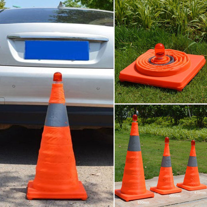 Cono de seguridad vial plegable con luz LED, reflectante para advertencia en tráfico.