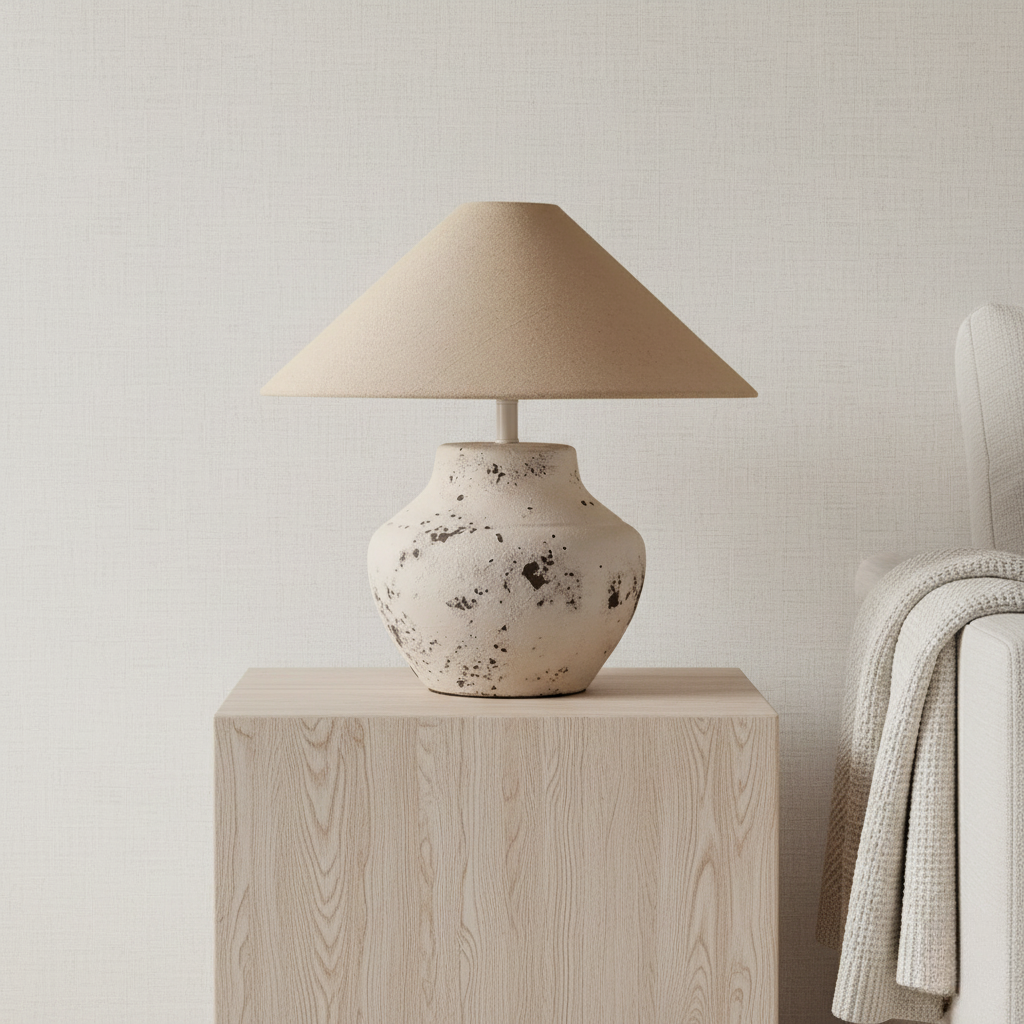 Lámpara de mesa artesanal de cerámica rústica con pantalla de lino, ideal para decoración elegante estilo Japandi.