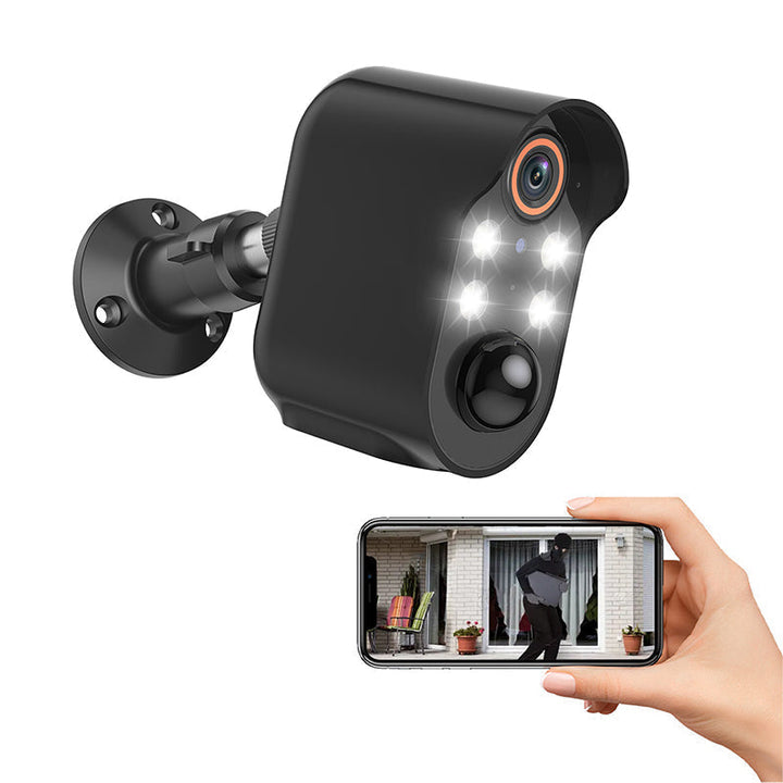 Interfaz de app con vista de cámara de seguridad 1080P, monitoreo remoto y protección del hogar.