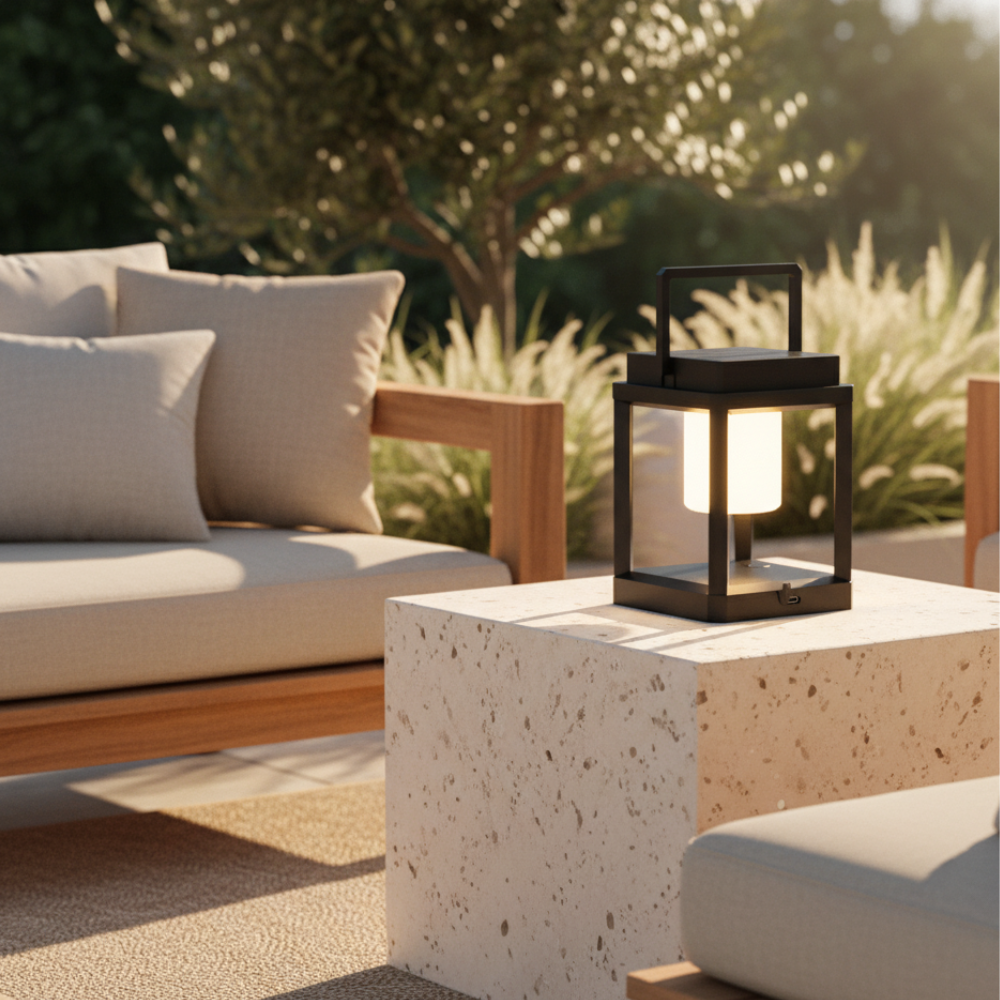 Lámpara solar para jardín que ilumina senderos y entradas, duradera, impermeable, con luz ajustable.