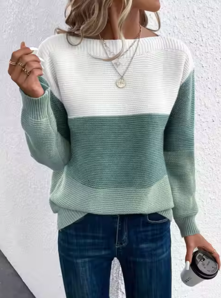 Suéter de punto tricolor elegante para mujer. Pullover cómodo de moda femenina para otoño invierno.