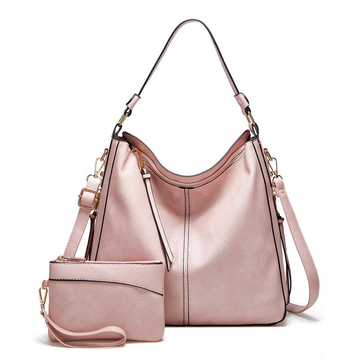 Bolso bandolera con compartimentos y minibolso de mano a juego, piel sintética para mujer.
