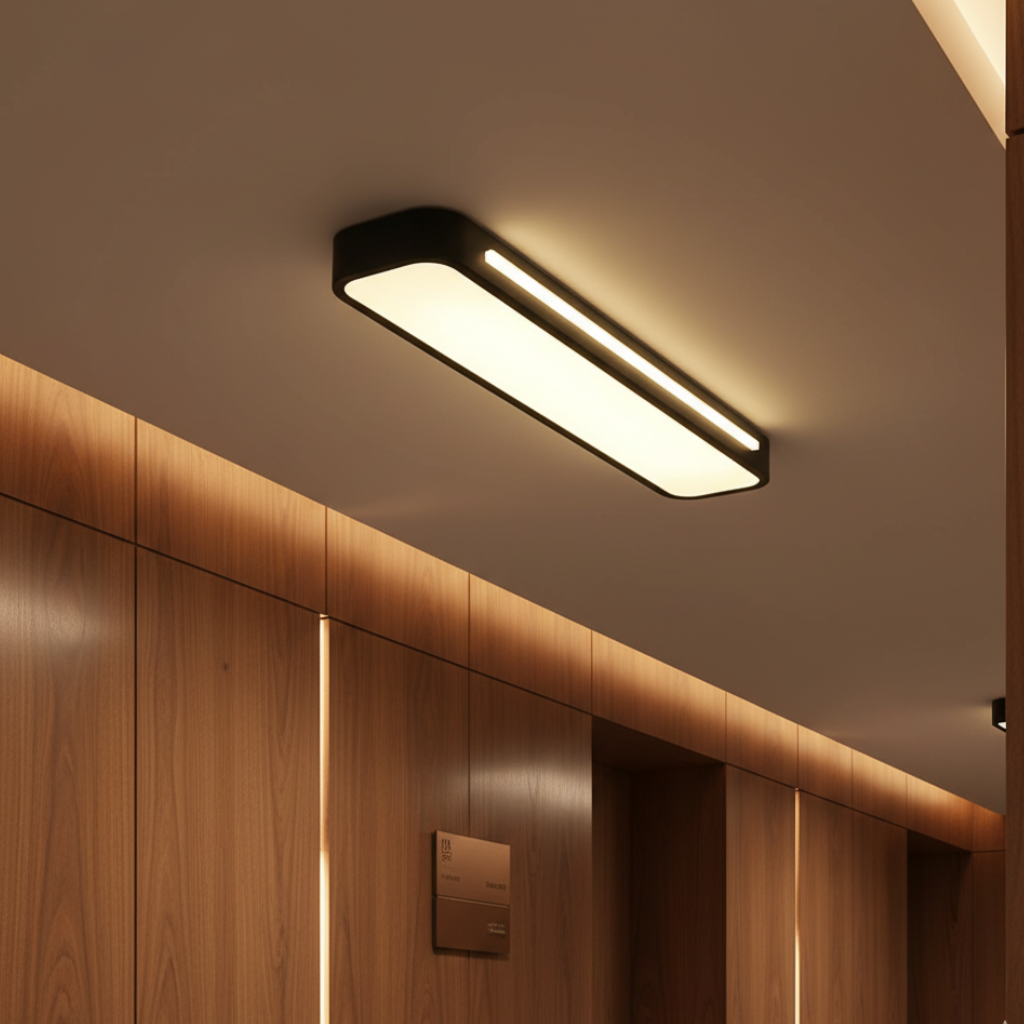 Lámpara de techo lineal LED empotrada. Diseño moderno y minimalista para iluminación interior.