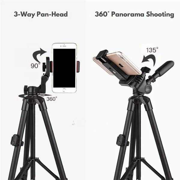 Soporte universal para móvil con trípode y bastón selfie. Control remoto Bluetooth para fotos y videos a distancia.