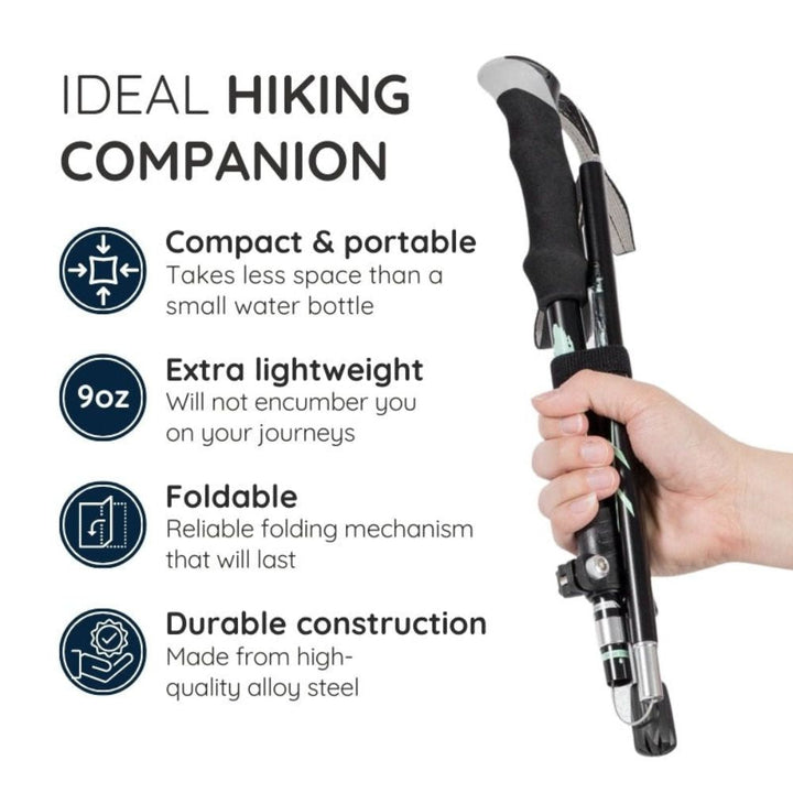 Detalle del mecanismo retráctil automático de un bastón premium, ideal para senderismo y trekking.
