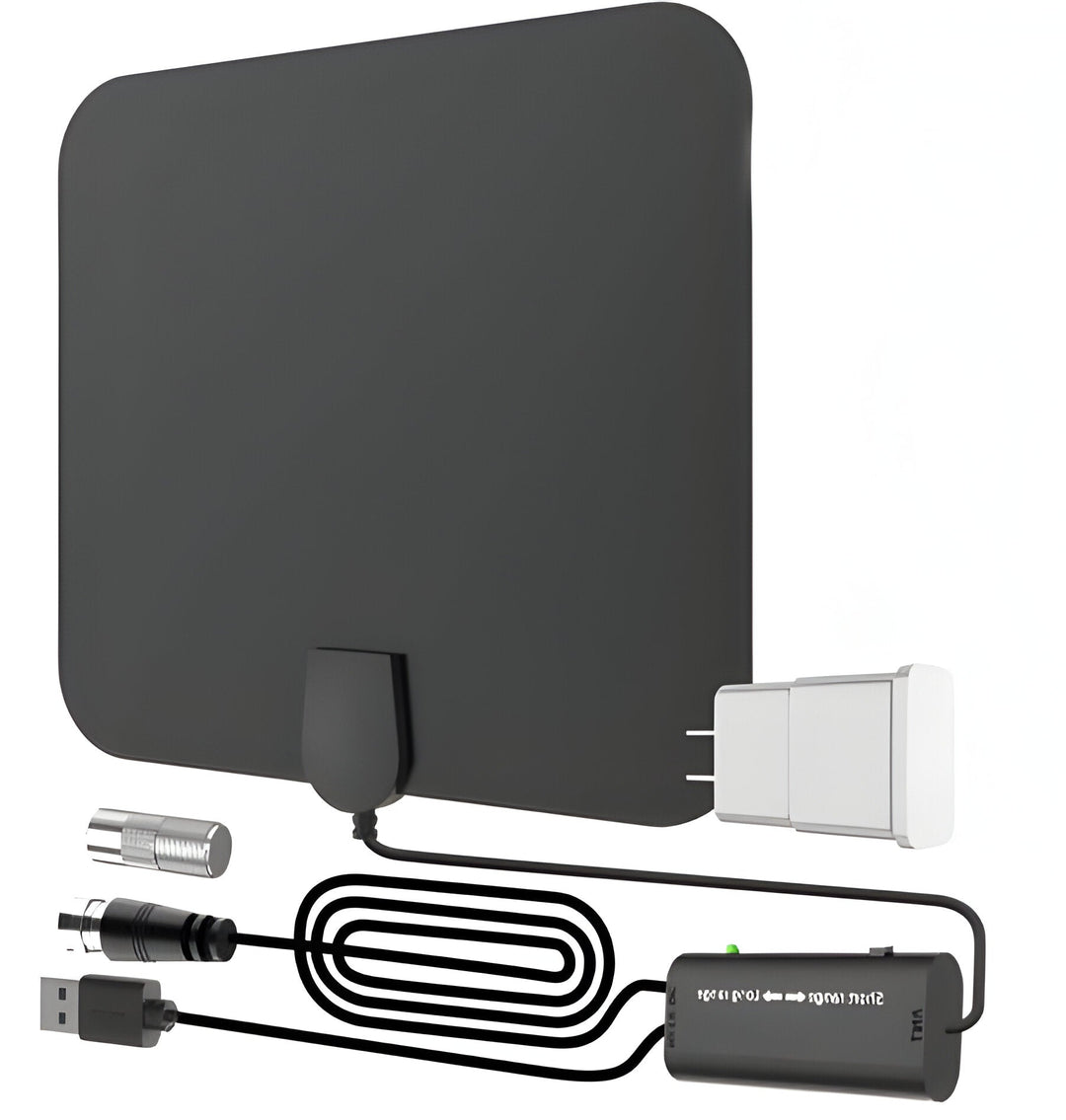 Antena HDTV digital interior compacta y amplificada. Recibe canales HD gratis y TV abierta sin suscripciones.