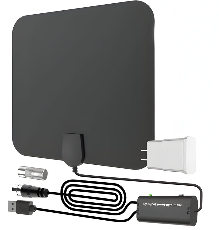 Antena HDTV digital interior compacta y amplificada. Recibe canales HD gratis y TV abierta sin suscripciones.