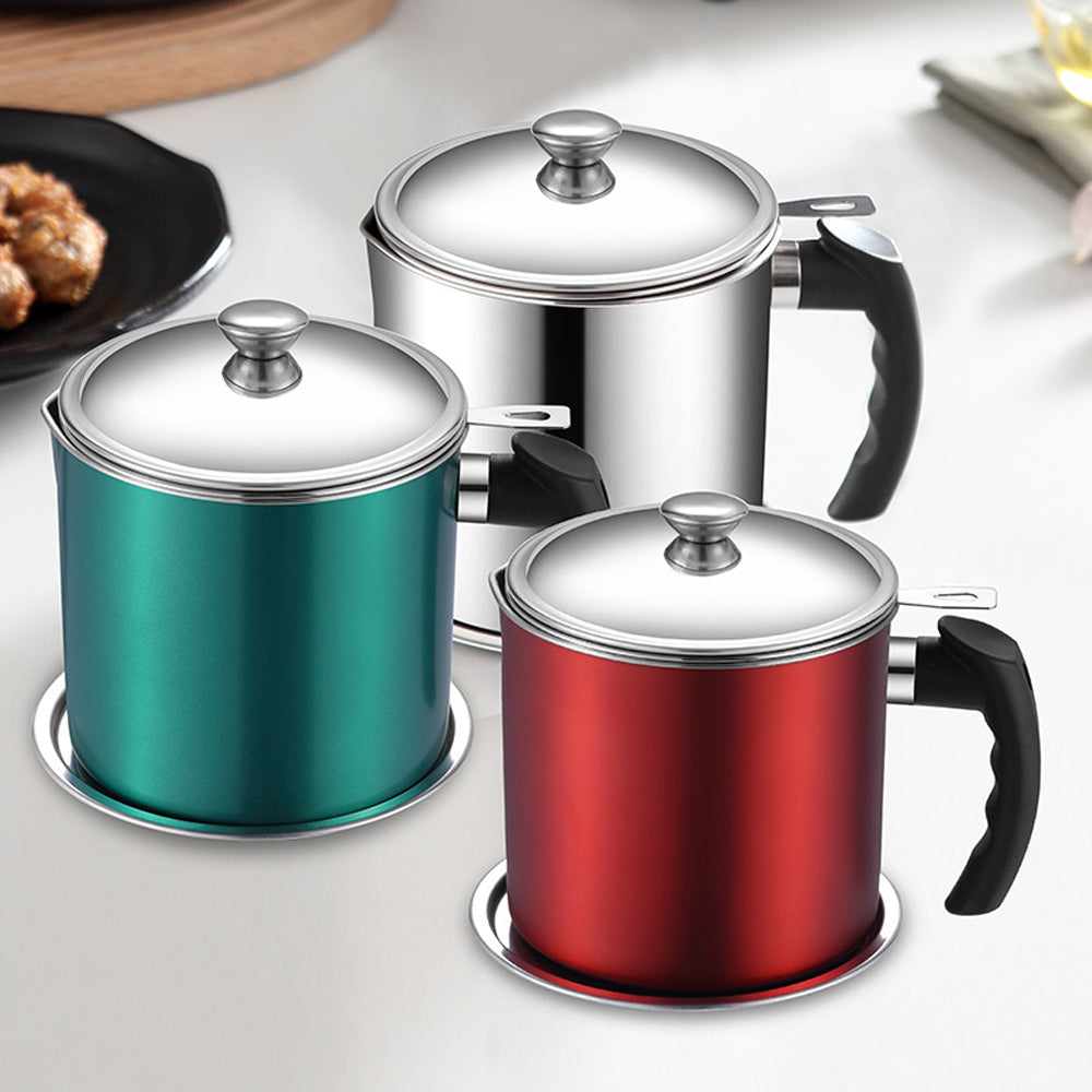 Olla de acero inoxidable para aceite con filtro, mantiene la cocina organizada y facilita la reutilización de grasa.