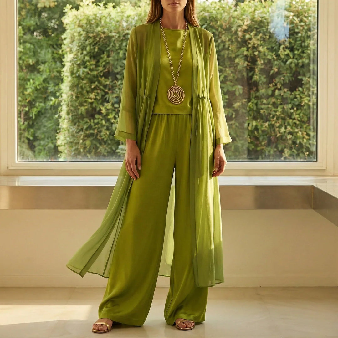Outfit diario: Conjunto cómodo de top sin mangas, pantalón ancho y cárdigan. Ropa fluida para mujer.