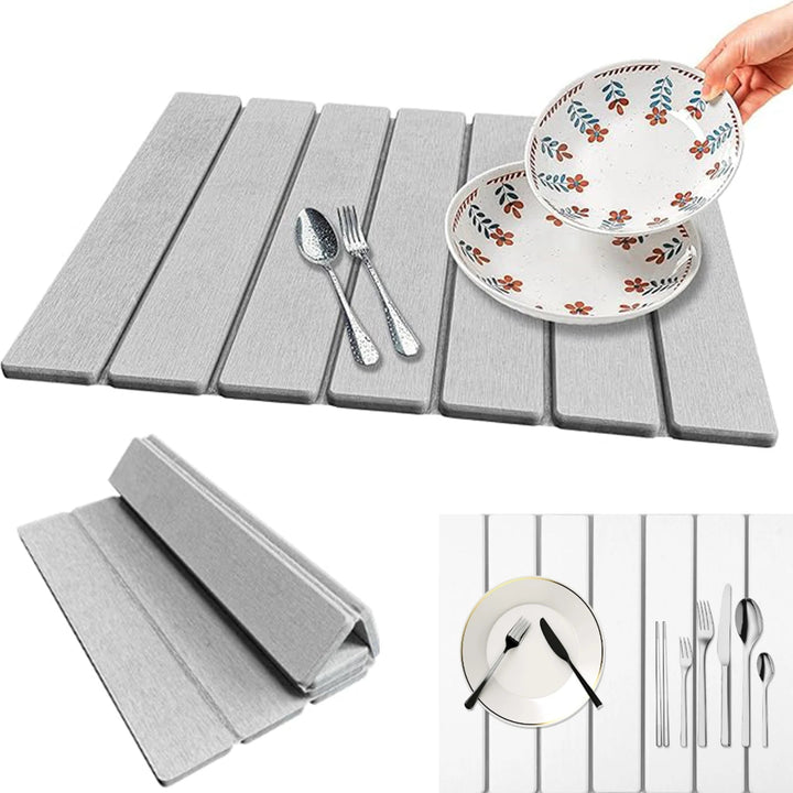 Tapete secaplatos plegable de piedra diatomea, absorbe agua rápidamente para una cocina organizada y limpia.
