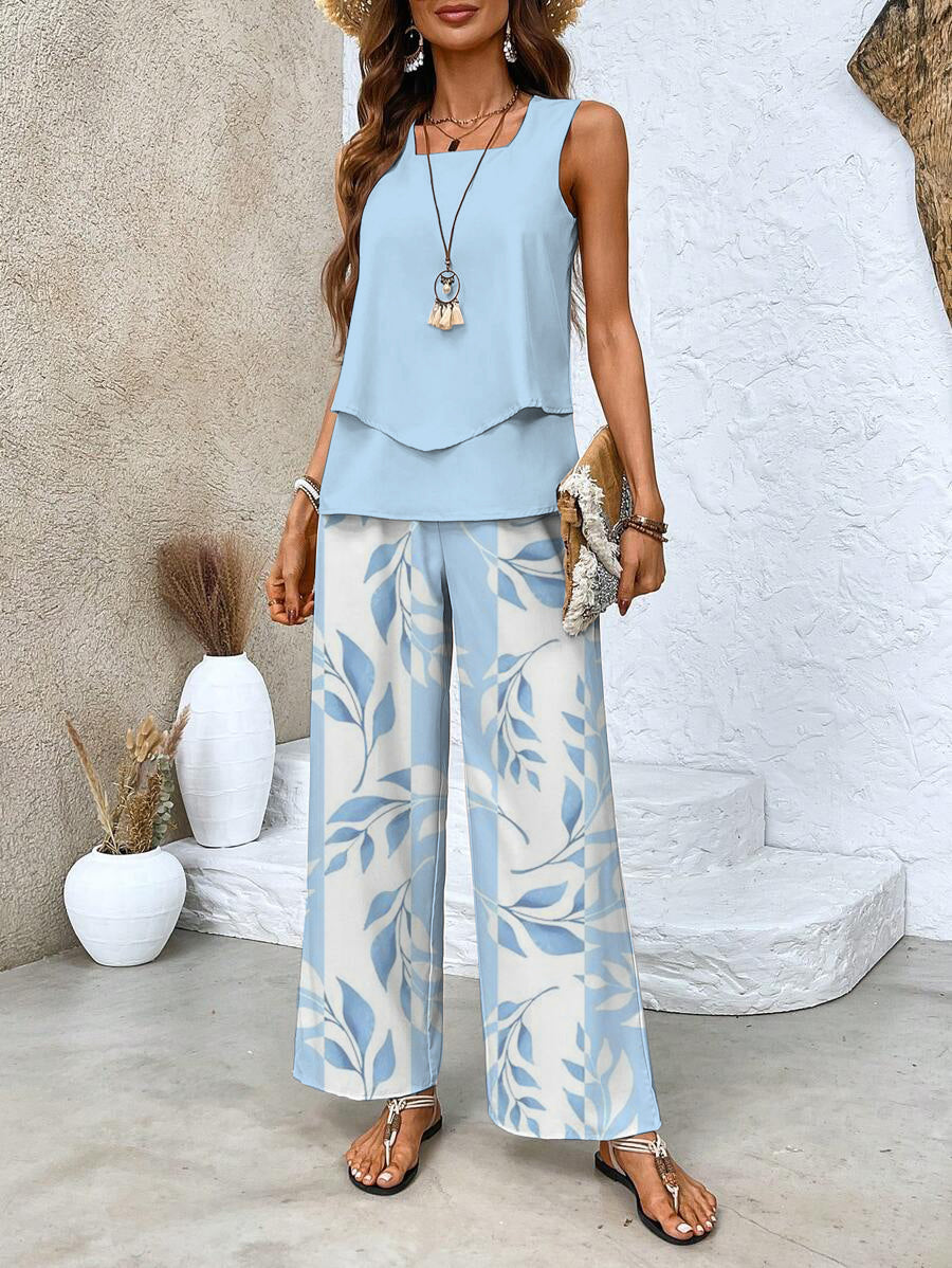 Conjunto de verano fluido y ligero para mujer. Blusa y pantalón transpirable, máxima comodidad. Estilo casual elegante.