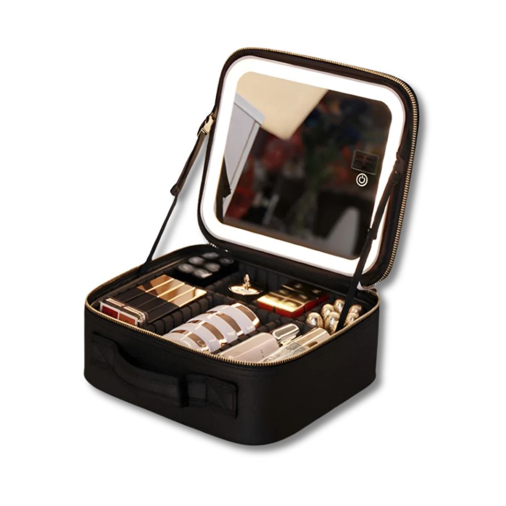 Estuche compacto de maquillaje para viaje, con espejo LED para una aplicación perfecta.