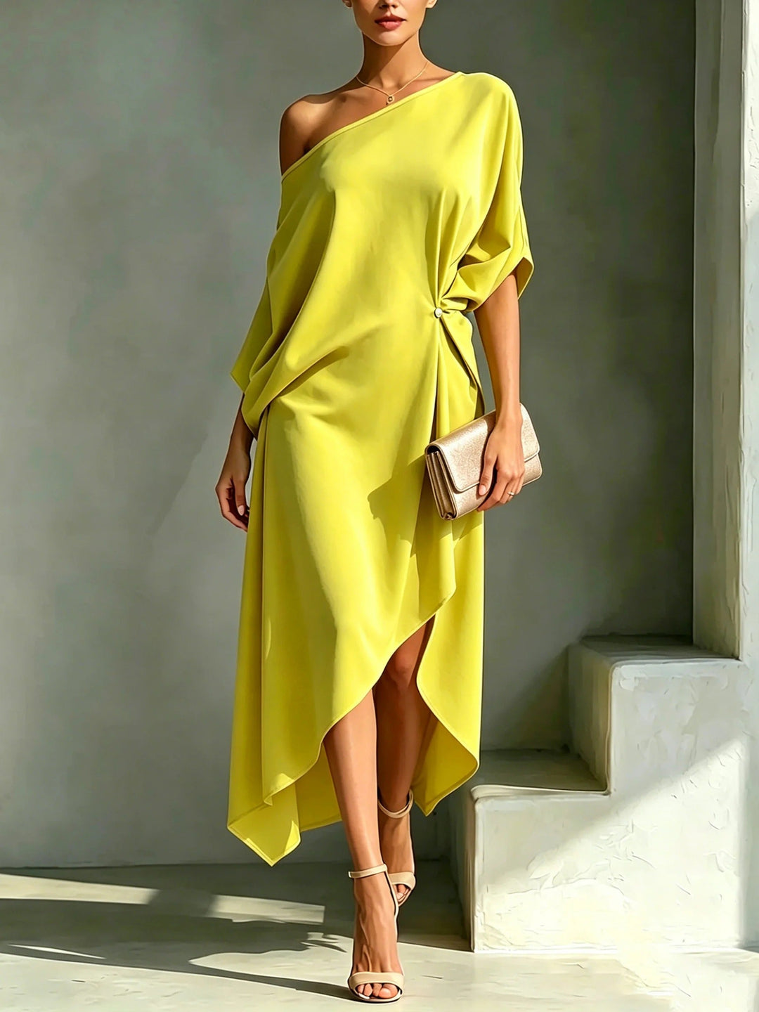 Vestido midi asimétrico para mujer, elegante y con hombro descubierto, ideal para fiestas y eventos de verano.