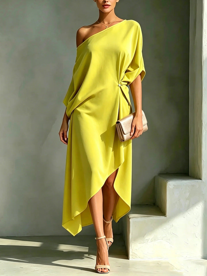 Vestido midi asimétrico para mujer, elegante y con hombro descubierto, ideal para fiestas y eventos de verano.