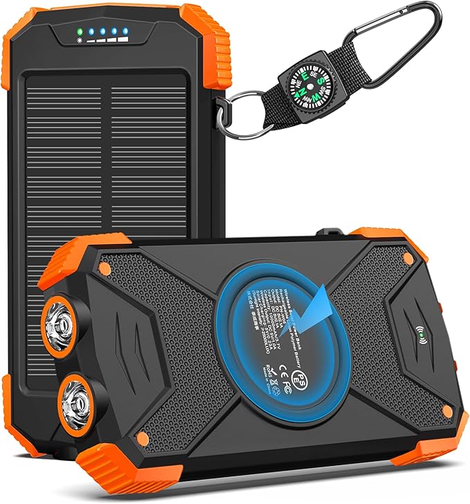Powerbank solar universal IPX4, cargador portátil resistente al agua para camping y emergencias.