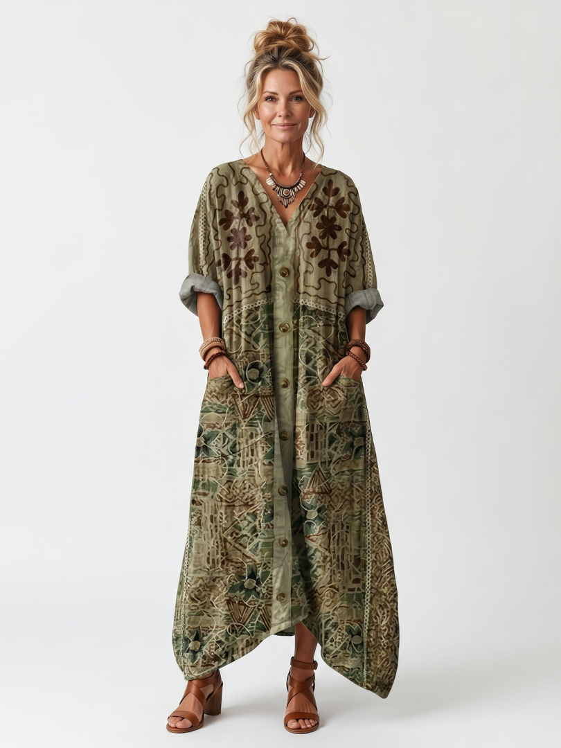 Vestido midi oversize casual para mujer con botones frontales y bolsillos, ideal para primavera y verano.