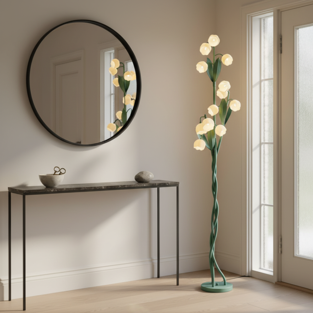 Lámpara de pie floral elegante para salón. Iluminación LED y diseño natural para un ambiente acogedor.