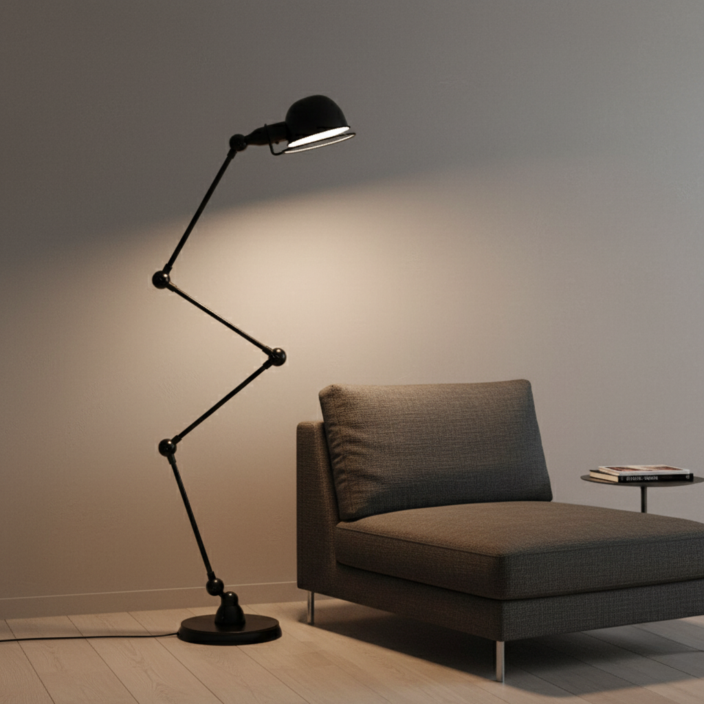 Lámpara de pie blanca moderna flexible, perfecta para iluminación de tarea o lectura con estilo industrial.