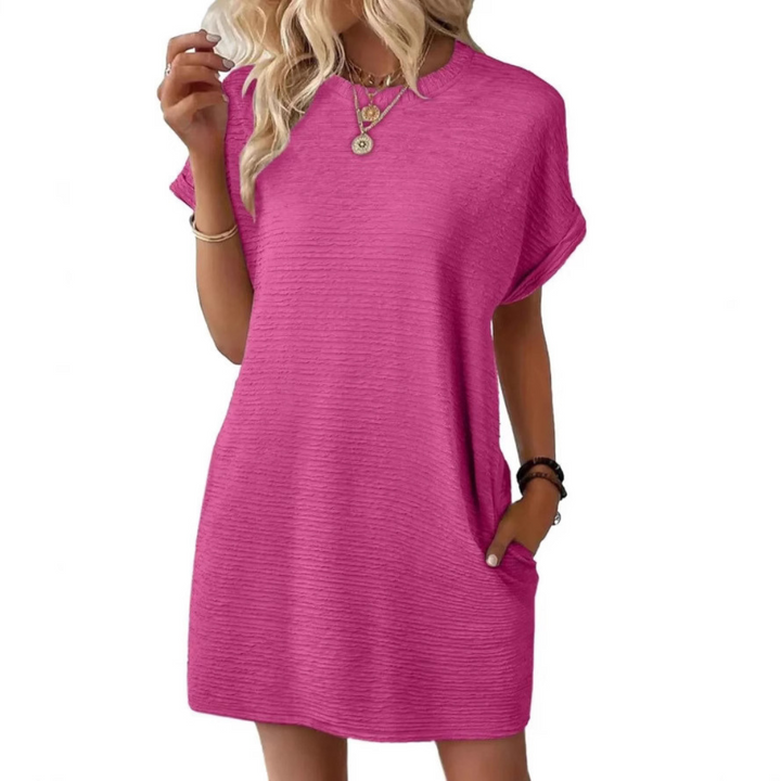Vestido corto casual de mujer, cuello redondo, holgado y ligero. Con bolsillos, ideal para la moda de verano.